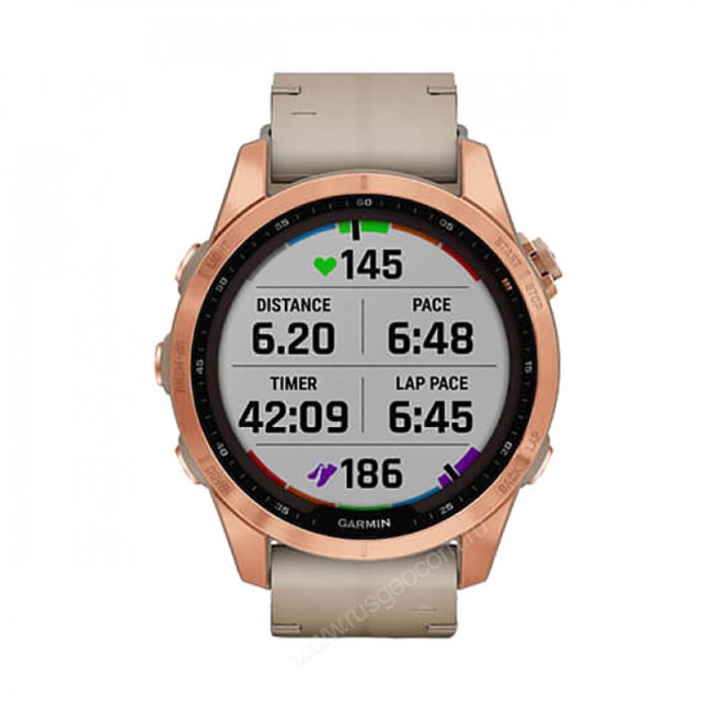 Часы Garmin Fenix 7S Sapphire Solar титановый цвета розовое золото с песчаным кожаным ремешком